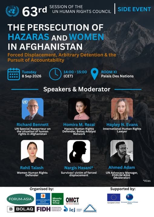 Event poster: The Persecution of Hazaras and Women in Afghanistan — HRC63 side event, Tuesday 8 September 2026, 14:00–15:00 CET, Room XI, Palais des Nations, with speakers Richard Bennett, Homira M. Rezai, Hayley N. Evans, Rahil Talash, Nargis Hasani and moderator Ahmed Adam